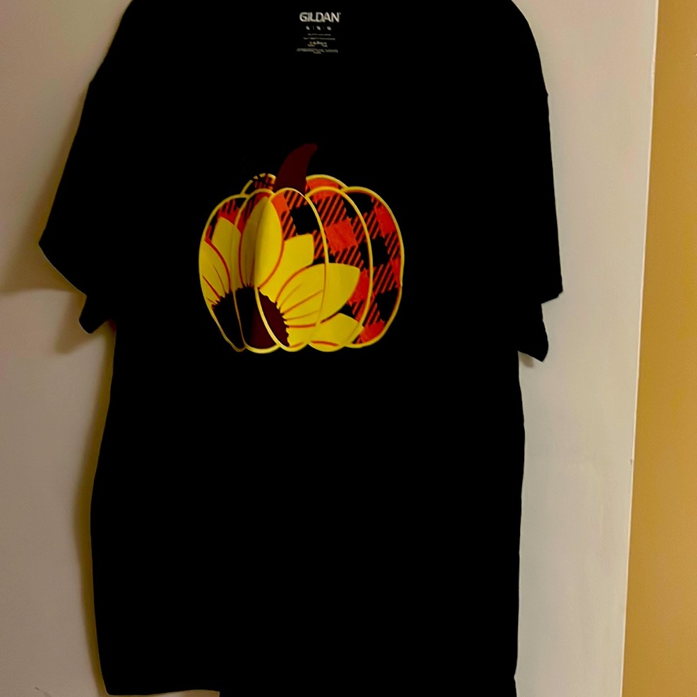 This is a Gildan tee in which I design a pumpkin on it.